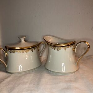 Lenox ECLIPSE Creamer & Sugar W/Lid Set 3 Piece Black Band Gold Floral Trim